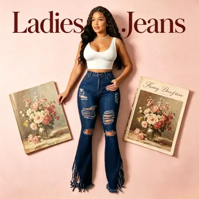 7.5 Dollars AL006 Women High Waist Ripped Flare Jeans Fringe Hem Stretch Denim Pants Ladies Distressed Bell Bottom Jeans