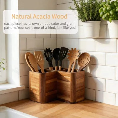 Household Kitchen Countertop Standing Type Cutlery Organizer Divided Storage Box Wooden Tableware Holder Chinese Style