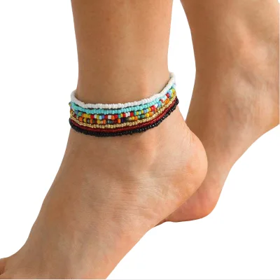 Bohemian Elastic Anklet Colorful Seed Bead Handmade Foot Jewelry Adjustable Stretch Beaded Ankle Bracelet for Women Summer Beach
