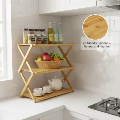 Sustainable Natural Bamboo 3-Tier Foldable X-Frame Portable Space Saving Storage Rack Organizer Shelf for Kitchen Storage