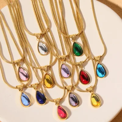 12 Color Birthstone Women's Necklace 18K Gold Plated Water Drop Glass Beads Link Chain Pendant Waterproof Stainless Steel