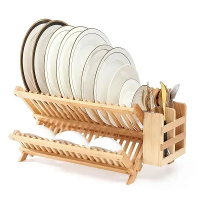 Folding Bamboo Dish Drying Rack Utensil Holder Wood Organizer for Home Cabinet Storage Foldable Bowl Plate Vegetable Food