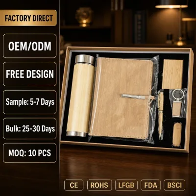 Bamboo Wood Grain Business Gift Set with Vacuum Flask Notebook Pen Card Holder USB Keychain Corporate Gift Box OEM ODM Wholesale