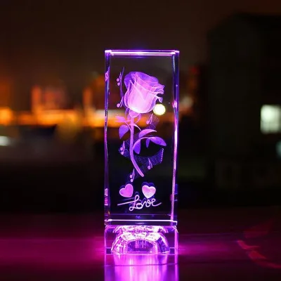 Beautiful 3D Laser Crystal Rose Cube With LED Light