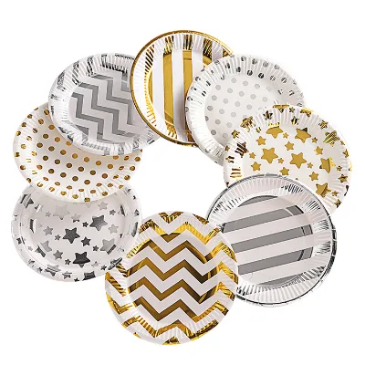 Qudoo High-grade 7 Inch 18cm Eco-friendly Degradable Birthday Party Kits Silver and Gold Striped Decorations Supplies Pack