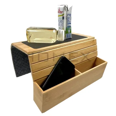 Bamboo Sofa Arm Tray Table Remote Control and Cellphone Organizer Holder, Arm Rest Organizer with Pocket