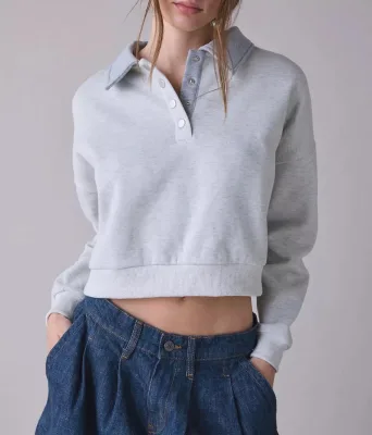 Wholesale Autumn/Winter Casual Knitted Fashion Cropped Long Sleeve Women's Turndown Collar Tops Buttons Pullover Sweatshirt