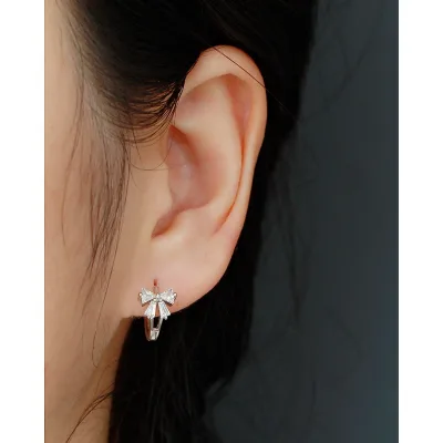 Diamond Bow Earrings in Sterling Silver Crystal Bow Huggie Bowknot Hoop Earrings