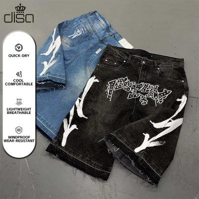 Custom Men's High Vintage Jorts Baggy Denim Shorts Frayed Hem Embroidered Patches Raw Distressed Cut Edge Streetwear Jean Logo