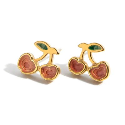 J&D Jewelry 18K Gold Plated Waterproof Earrings Stainless Steel Orange Oil Drop Enamel Cherry Stud Earrings