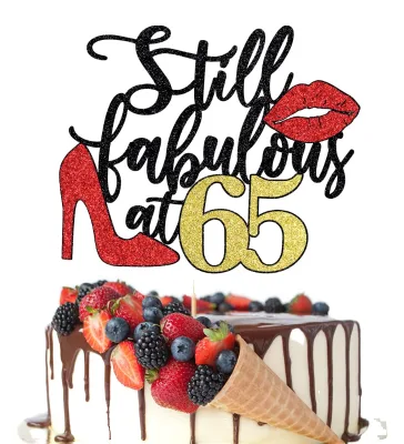 Crseniny Still Fabulous 65th Birthday Acrylic Cake Toppers with High Heels and Big Red Lips