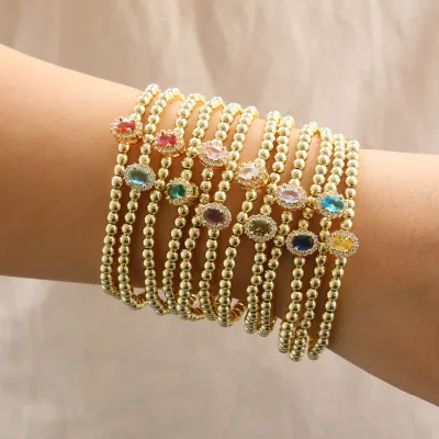 Oval Zircon Birthstone Beaded Bracelet 18K Gold Plated Personalized Colorful Halo Ball Beads Jewelry Birthday Anniversary Gifts