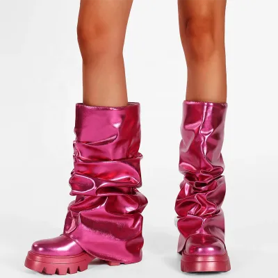 Slip on Pleated Upper Pants Ankle Boots Low Square Chunky Heels Flat Shoes Women Thick Sole Overlay Mid Calf Short Boots