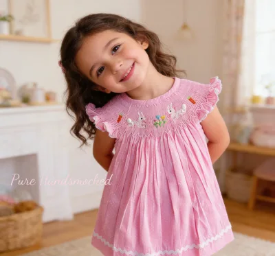 Custom Girls Hand Smocked Princess Animal Print Dress Comfortable Fabric Embroidered Breathable A-Line Short Sleeve Children's