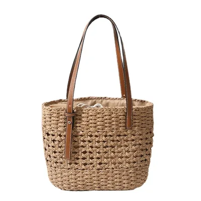 Artisan - Crafted Straw Handbag: Leather - Trimmed Handles, Open - Weave Pattern,  Ideal for Beach Casual Wear or Outings