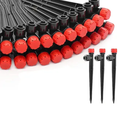 DaringFish 50 Pack PE/PP Plastic Drip Irrigation Emitters 360 Degree Adjustable Flow 1/4 Inch Tubing Red Color 13 Irrigation