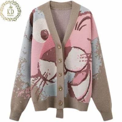 KD Custom Autumn Winter Long Sleeve Sweater JacquardWomen's V Neck Custom Sweaters Cardigan Embroidery Logo Design