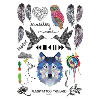 Smart Sticker Custom Adhesive Four Color Printing Water Transfer Owl Fox Head Plumage Bird Animals Body Art Tattoo Sticker