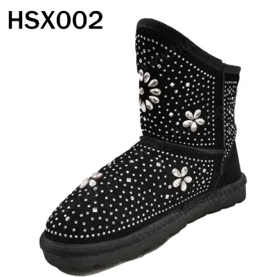 HY,Diamond Ornament Winter Celebration Trendy Women Midi Boots Chilly Days Thick Real Wool Lined Black Snow Boots HSX002
