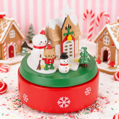 Christmas Musical Music Box Solid Wood Carousel Christmas Music Box Christmas Snow Man Music Box