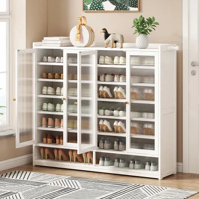 White Shoe Cabinet with Reeded Glass Doors 7 Tiers Plinth Base Gold Knobs Bamboo Entryway Organizer Living Room Hallway Entree