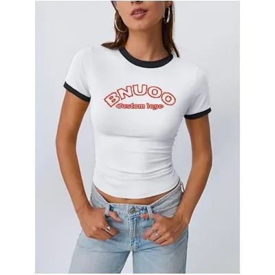 Y2k T-Shirt Custom Contrast Color Two Tone Ringer Graphic Tee Summer O Neck Slim Fit Cropped T Shirt for Women