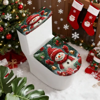 Hot Selling 2pcs Christmas Snowman Toilet Cover Set Stretch Washable Toilet Seat Tank Cover Holiday Decor