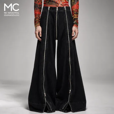 Streetwear Avant-garde Gothic Triple Zipper Full Zip Extreme Mega Wide Leg Washed Black Denim Pants Men's Fashion Jeans