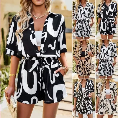 Spring and Autumn Women's Clothing Pleated Collar Sleeved Shirt Shorts Casual Two-piece Women's Suit