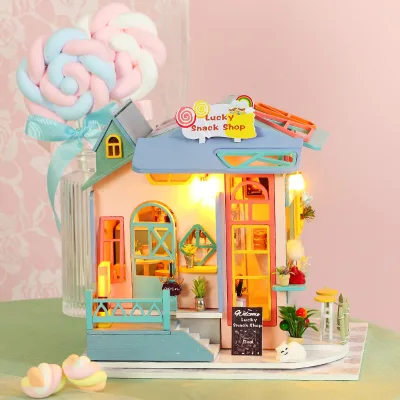 IIECREATE 3D Handmade Wooden Dollhouse K-1061 Snack Shop DIY Miniature House Kit With LED Snake Shop
