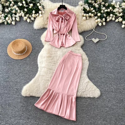Women's Elegant Satin 2 Piece Set Bow Tie Collar 3/4 Sleeve Peplum Top Fishtail Midi Skirt office Wear Spring Autumn