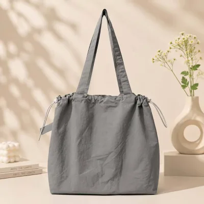 Nylon Water Resistant Foldable Medium Tote Bags with Custom Logo Solid Color Fashion Single Shoulder Drawstring Summer Women
