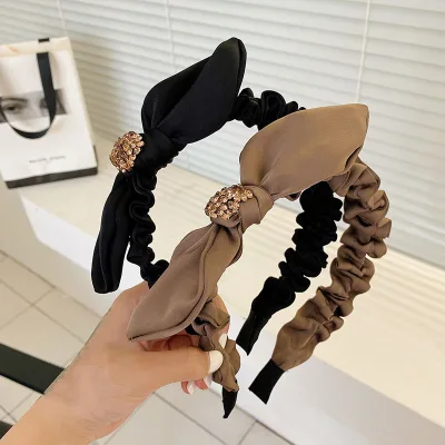 Diamond Bow Headband High-quality Pleated Bow Wide-brimmed Headband Korean Version Temperament Satin Headband