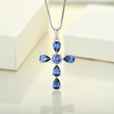 925 Sterling Silver Blue Color Cross Pendant Necklace Pear Cut Cubic Christian Religious Jewelry Women Prayer Necklace