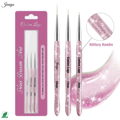 Tendencia 2027 Premium Quality Glitter Process Pink Plastic Handle Nylon Hair Ultra Fine 3pcs Striping Nail Art Liner Brush Set