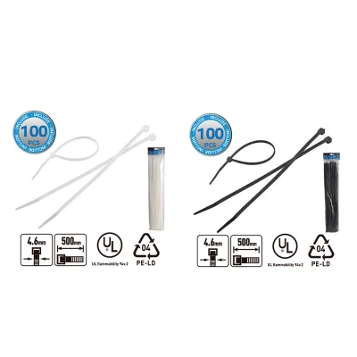 FIXTEC 100pcs/bag Cable Tie Set 4.6x500mm White & Black Nylon Self-Locking Zip Ties UL Certified PE-LD