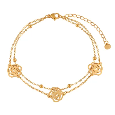 Simple Waterproof Stainless Steel Double Anklets Rose Flower Anklet for Women Jewelry