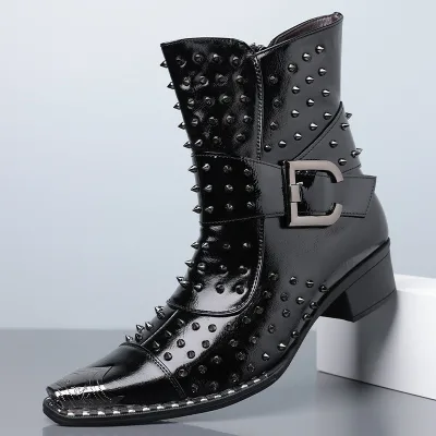 Metallic Trim Pointy Toe Men's Boots High Platform Chunky Heel Black Fashion Boots Zipper Punk Rivets New Chelsea Leather Boots