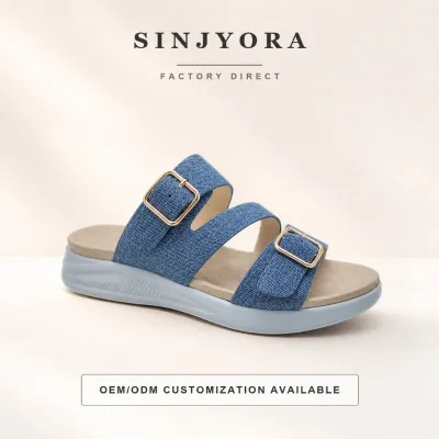 Women's Flat Sandals Denim Pattern Leather Slides Summer Casual Buckle Closure Wholesale Factory Direct Custom