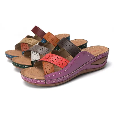 Manufacturer Direct Sales of Women's Sandals, Casual Hollow Sandals, Women's Open Toe Slope Heel PU slippers Wholesale