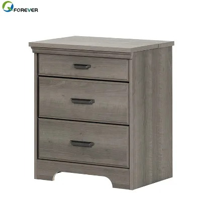 Wooden Storage Bedside Table Nightstand with 3 Drawers and Charging Station, Gray Maple