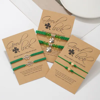 Yi Sugar Hot-Selling Cross-Border St Patrick's Day Lucky Four-Leaf Clover Bracelet Green Valentine's Braided Wristband Women's