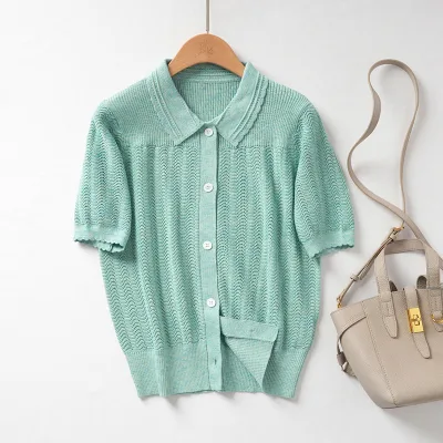 Women's Casual Knitted Shirt/Blouse Solid Pattern Spring Summer Short-Sleeved Top with Single Button Closure
