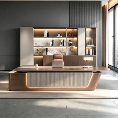 Luxury Modern Italian-Style L-Shaped Executive Office Desk with Side Table Customizable Melamine Board for Leadership Offices