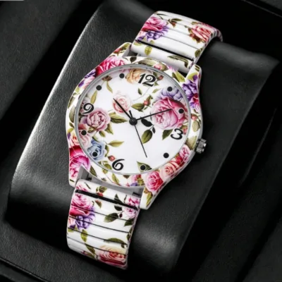 Wholesale Luxury Ladies Elasticated Round square PlasticBracelet Watch Colorful Flower Quartz Watches for Women Relogio Feminino