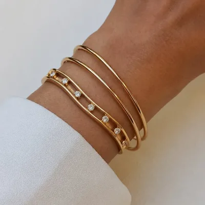 Fashionable Irregularly Opening and Closing Bracelet Stainless Steel Plated with Gold Rhinestone Inlay Bracelet
