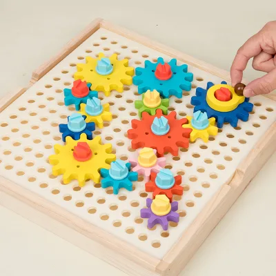 Montessori DIY Gear Wooden Screw Puzzle Assembled Combination Board Game with Math Cards Educational and Fun Learning Toys