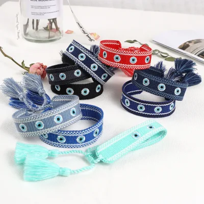Women Bohemian Hand Wristband Textile Woven Friendship Letter LOVE Eye Braided Adjustable Custom logo Bracelet for Parties