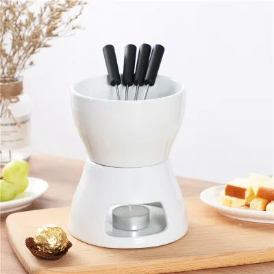 400ml Ceramic Butter Warmer Set with 4 Forks Fondue Mug Ceramic Chocolate Melting Pot