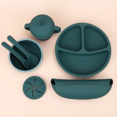 Double Color Matching Environmentally Friendly Non-toxic Bowl and Cup Set Feeding Spoon and Fork Baby Silicone Bowl